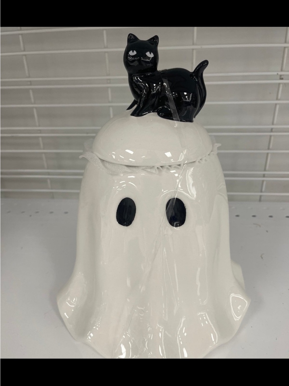 Halloween Ceramic White Ghost Cookie Jar with Black Cat Lid NEW